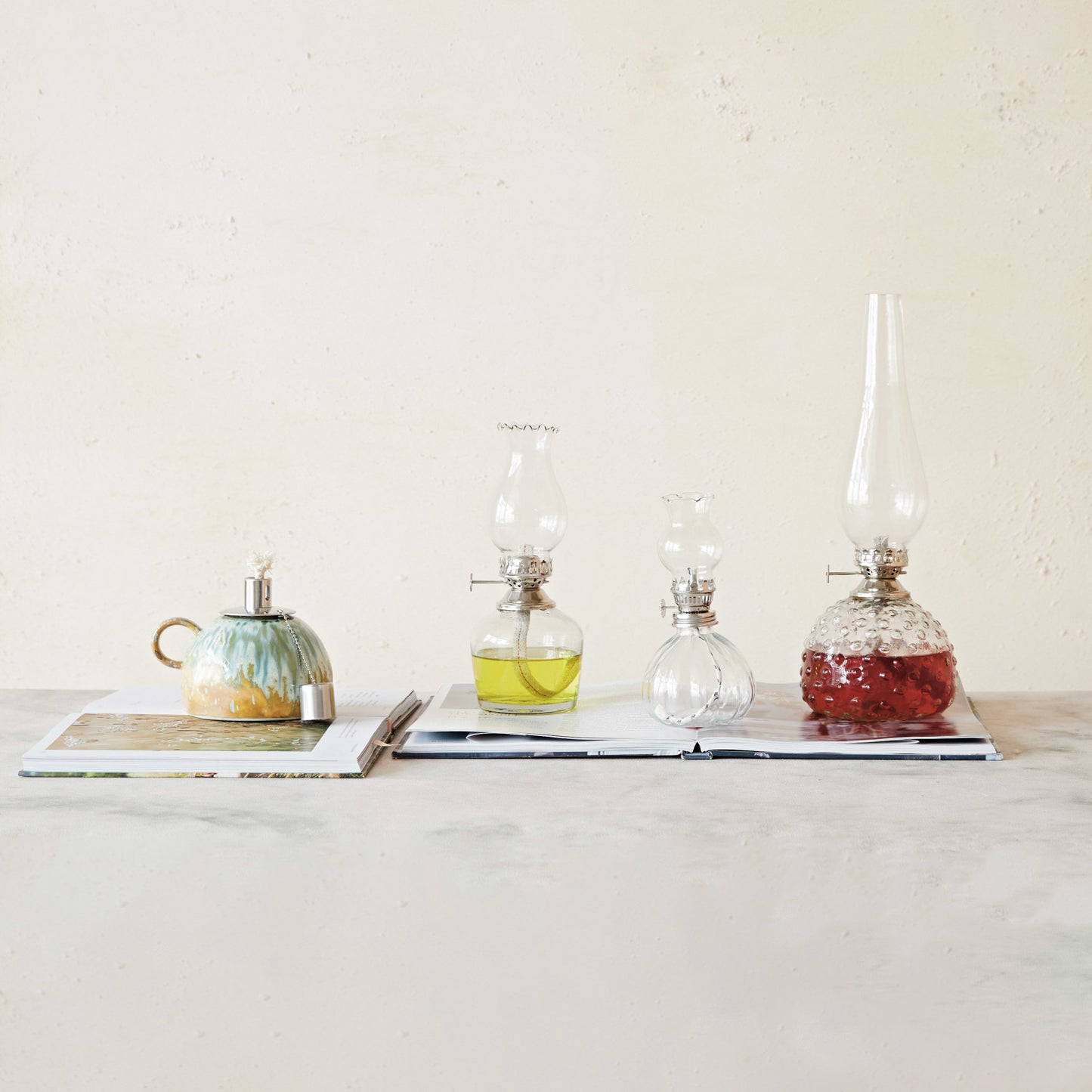 Mini Recycled Glass Oil Lamp w/ Removable Scalloped Glass Top