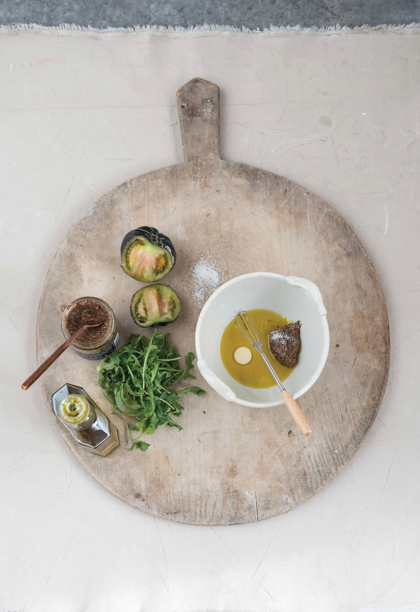Stoneware Bowl, Wood and Metal Whisk, Set of 2