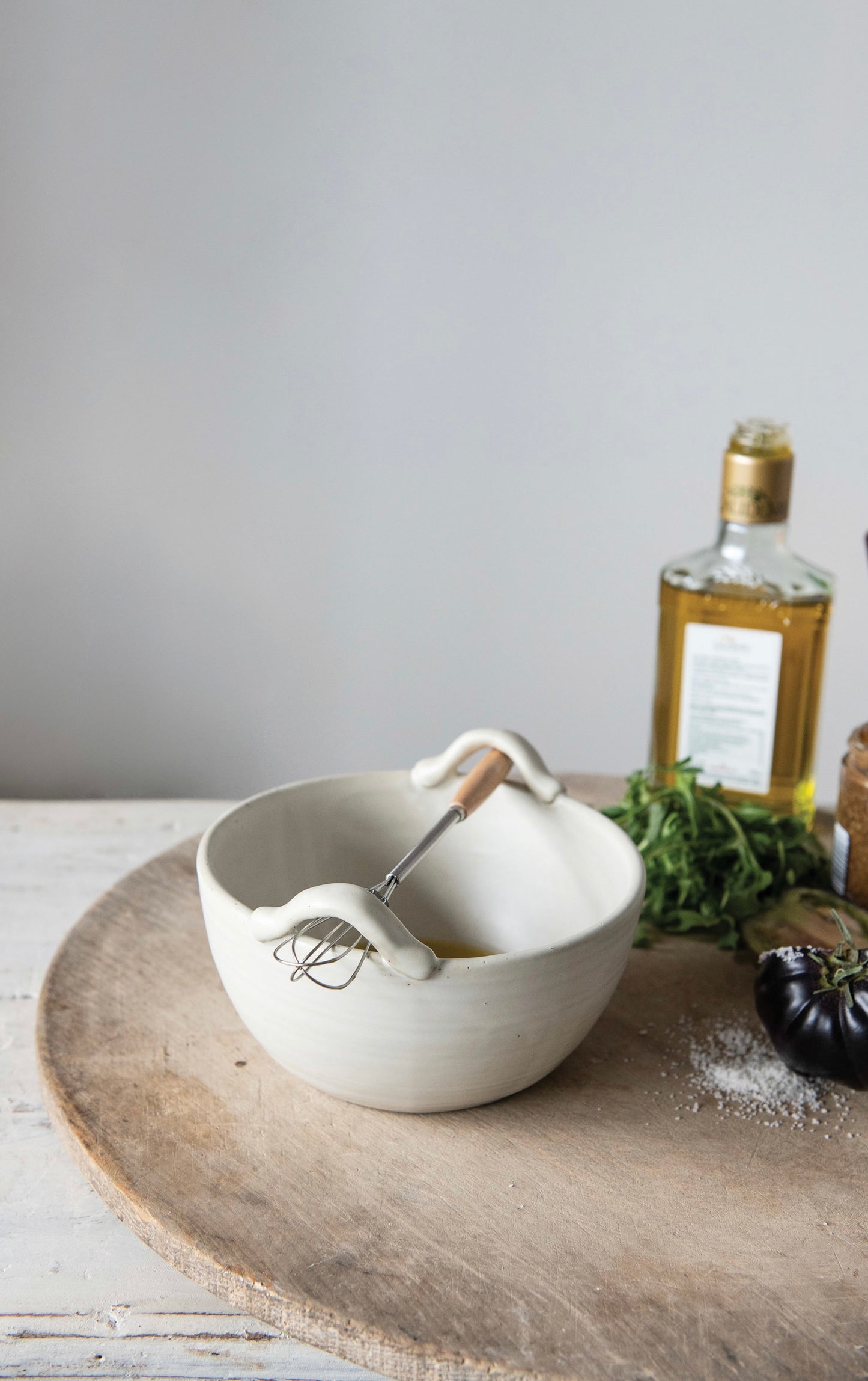 Stoneware Bowl, Wood and Metal Whisk, Set of 2