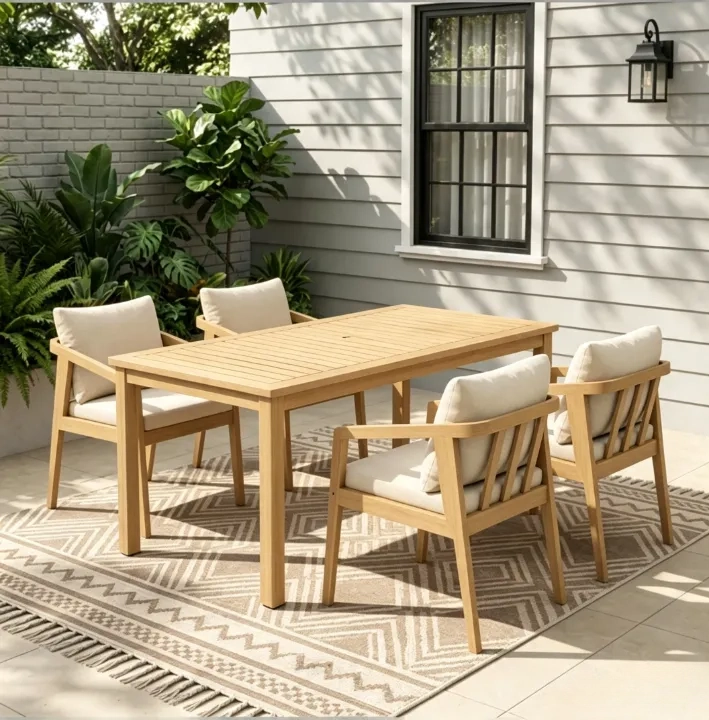 Acacia Wood Outdoor Dining Set With Umbrella Hole: 6 Pieces