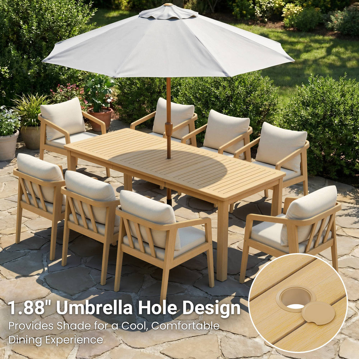 Acacia Wood Outdoor Dining Set With Umbrella Hole: 6 Pieces