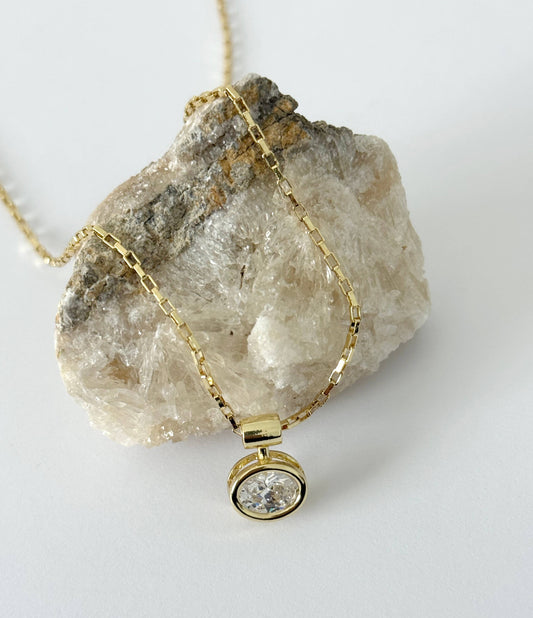 14K Gold Filled Oval CZ Pendant Necklace