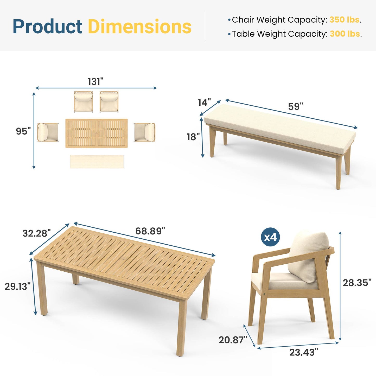 Acacia Wood Outdoor Dining Set With Umbrella Hole: 6 Pieces