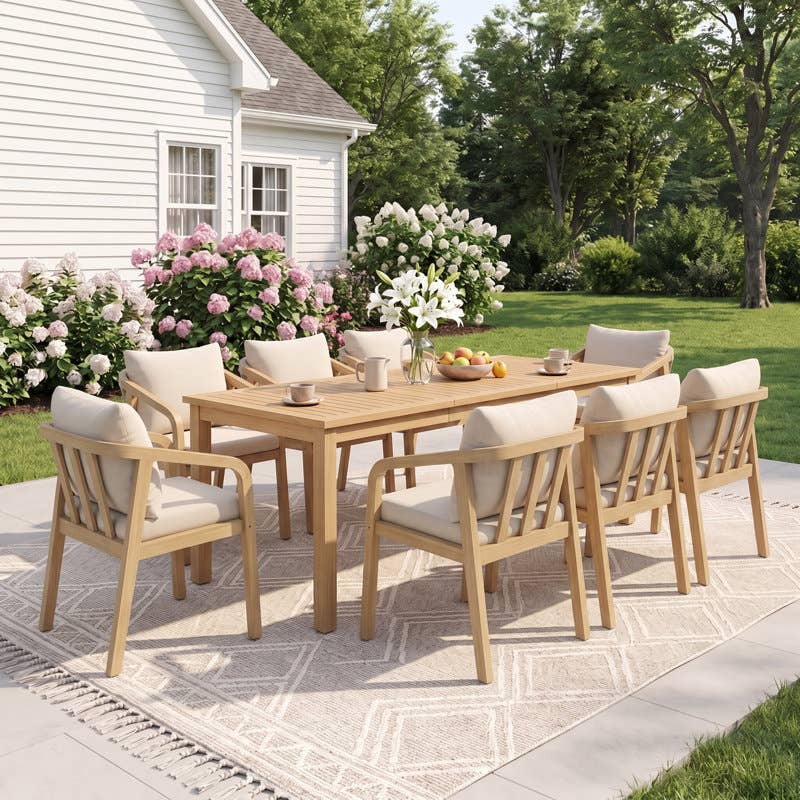 Acacia Wood Outdoor Dining Set With Umbrella Hole: 6 Pieces