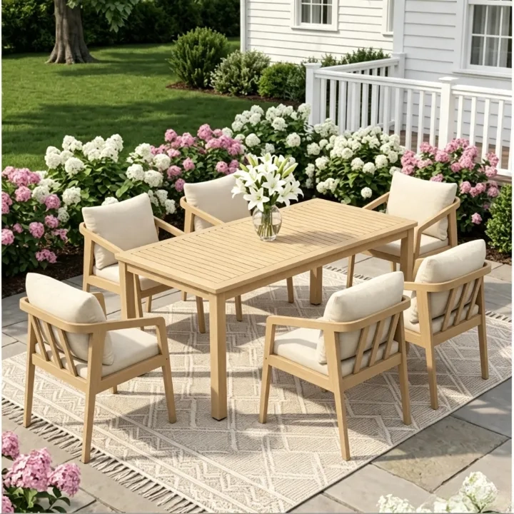 Acacia Wood Outdoor Dining Set With Umbrella Hole: 6 Pieces